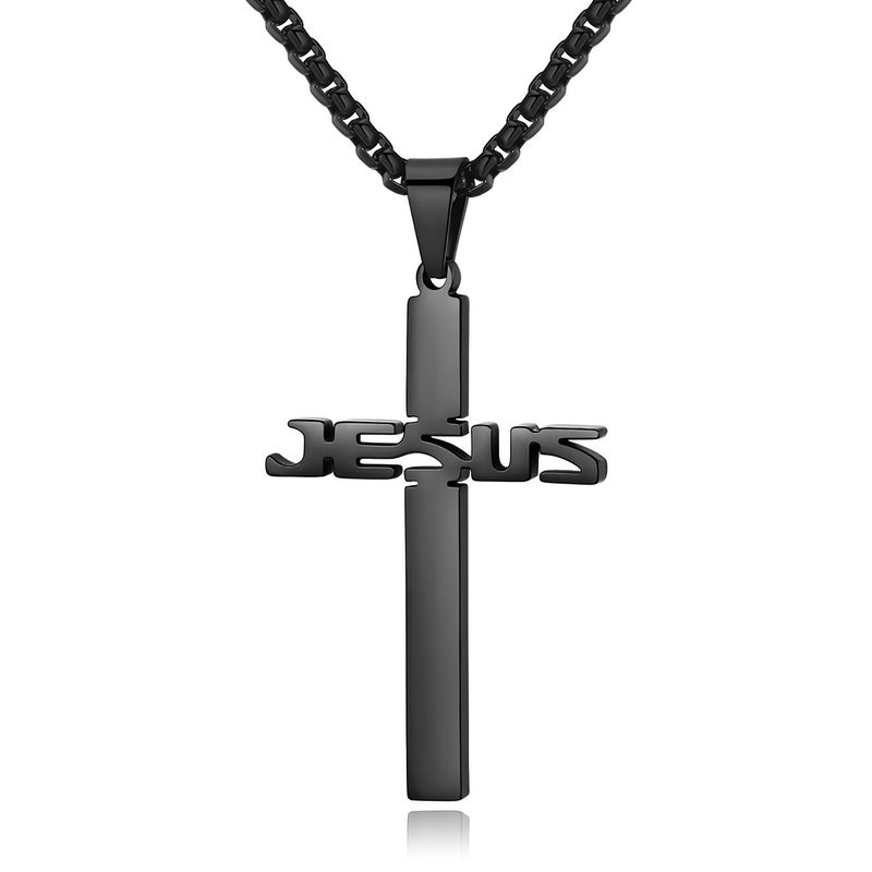 REVEMCN Stainless Steel Jesus Cross Pendant Necklace for Men Women 20-24 Inches Rolo Chain Christian Gifts for Men Faith - Image 1